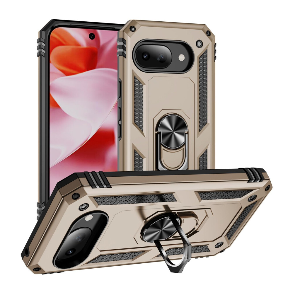 Case For Google Pixel 9A Military Grade Shockproof Protective Cover With 360 Rotating Kickstand Magnetic Car Mount Gold 9073542656128
