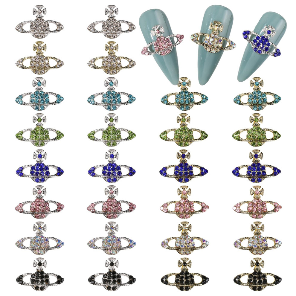 Gold/Silver 28Pcs Planet Nail Charms With Rhinestones And Alloy 3D Nail Art Decorations Set