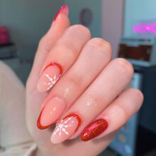 Christmas Press on Nails Red French Tip Snowflake Acrylic Fake Nails Almond Shape Full Cover 24pcs