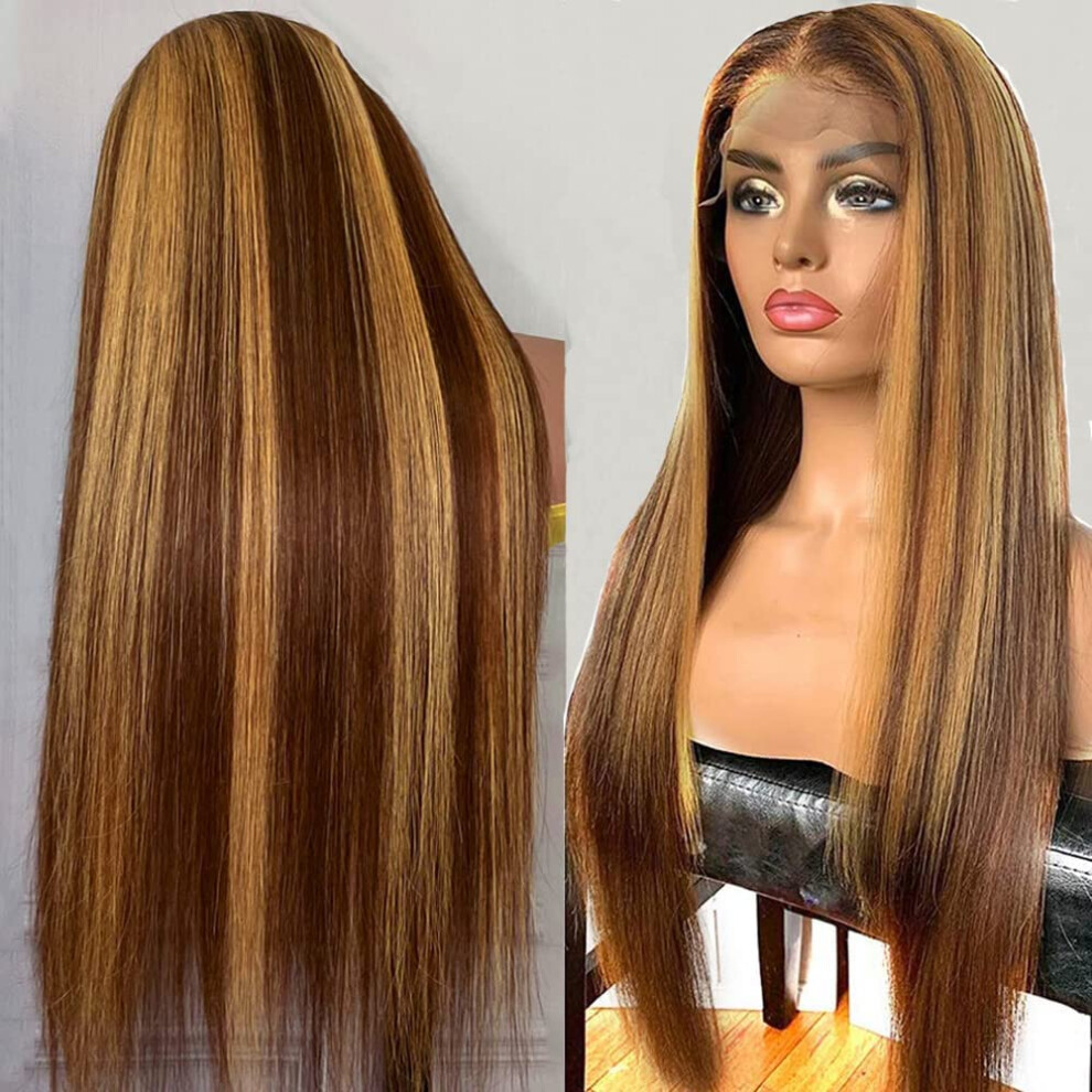 Unisex 28 Inch Ombre Highlight Human Hair Lace Front Wig Preplucked 150% Density Straight Brazilian Remy