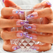 Extra Long Coffin Press on Nails with Blue Rhinestones and 3D Ripple Nude White Design 10PCS