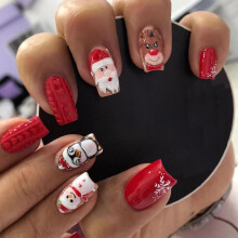 24 Pcs Red Christmas Press On Nails Set, Medium Square Glossy Fake Nails with Cute Santa and Snowman Designs, Reusable Holiday Stick On Nails