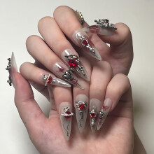 Gothic Long Almond Press On Nails Set with Nail Kit, Reusable False Nails in Multiple Sizes
