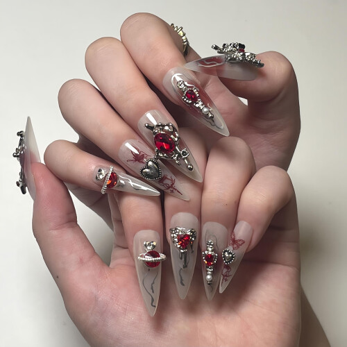 Gothic Long Almond Press On Nails Set with Nail Kit, Reusable False Nails in Multiple Sizes