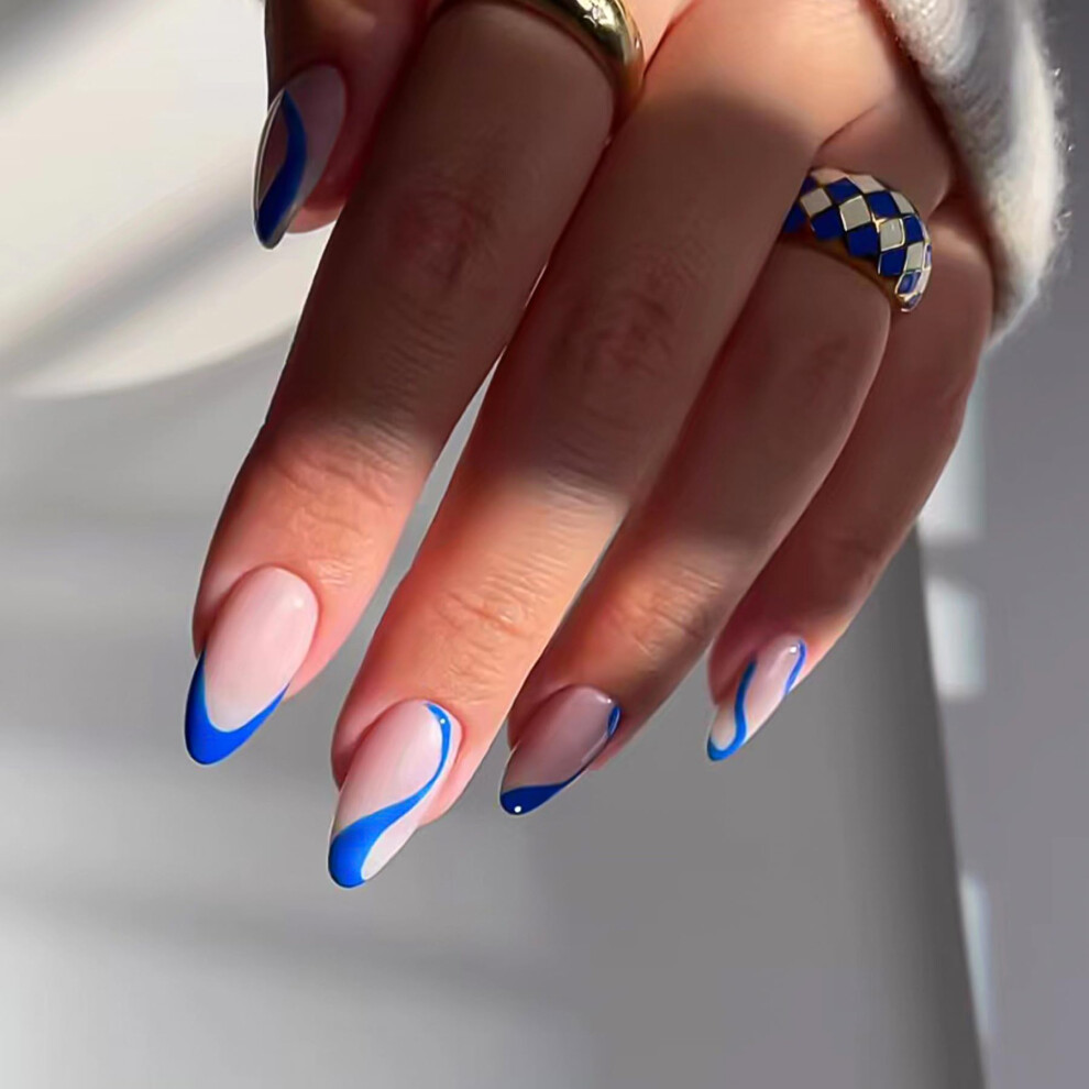 Blue 24Pcs Medium Almond Press On Nails With Glossy Swirl French Tips, Acrylic False Nails For Women