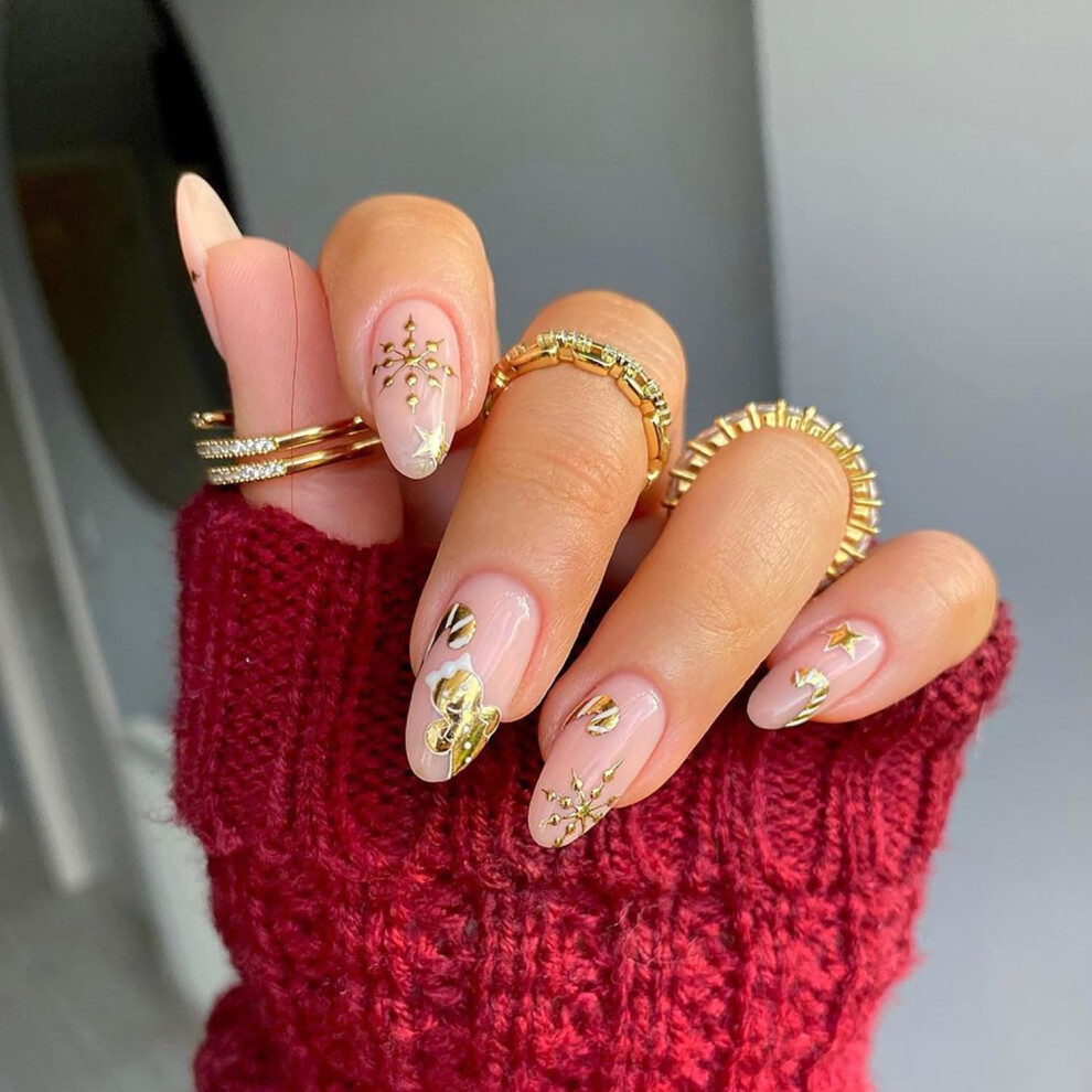 Christmas Almond Press On Nails with Glue, Medium Acrylic Fake Nails, Snowflake Gingerbread Set