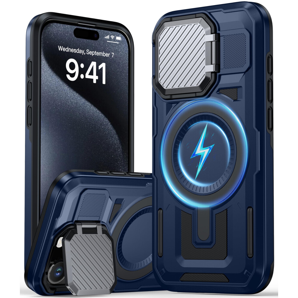 Magsafe Compatible Case For Iphone 15 Pro With Camera Cover, 120 Kickstand, Militarygrade Drop Protection, Blue 9073542656227