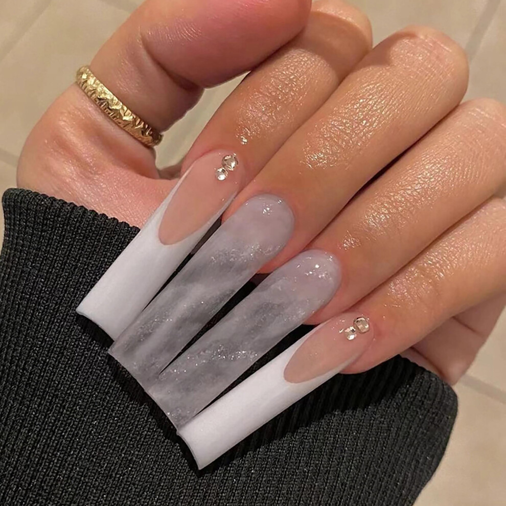 White Long Press On Nails With French Tips And Rhinestones, 24Pcs Reusable Fake Acrylic Nails