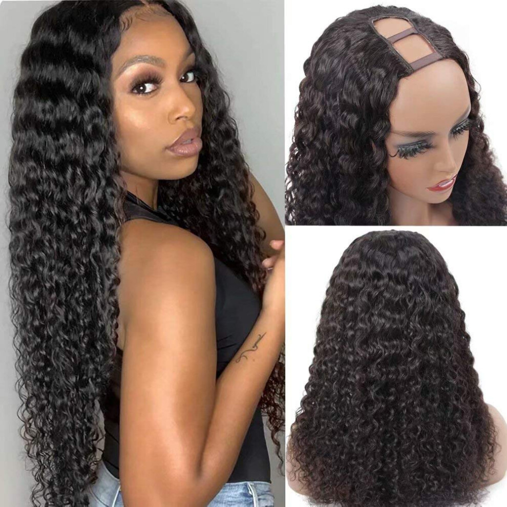 18 Inch Brazilian Deep Wave U Part Wig Human Hair for Women, Natural Blend, 150% Density