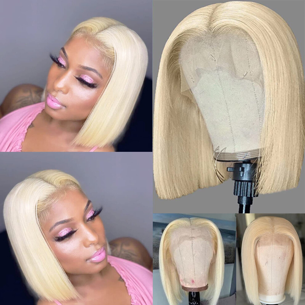 Unisex Black Blonde Bob Wig Human Hair 613 Lace Front Tpart Pre Plucked Brazilian Virgin Hair For Women 8 Inch