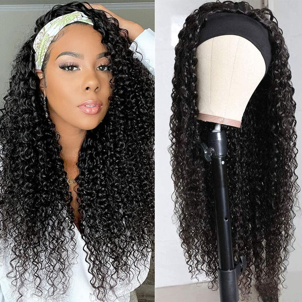 Unisex Headband Wig Kinky Curly Brazilian Human Hair 20 Inch Natural Hairline Quick Velcro Wear