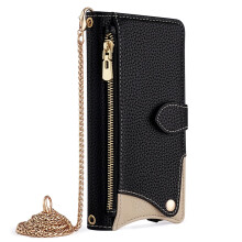 For iPhone 16 Plus Wallet Case with Zipper Leather Flip Cover, Mirror and Crossbody Chain Strap for Women