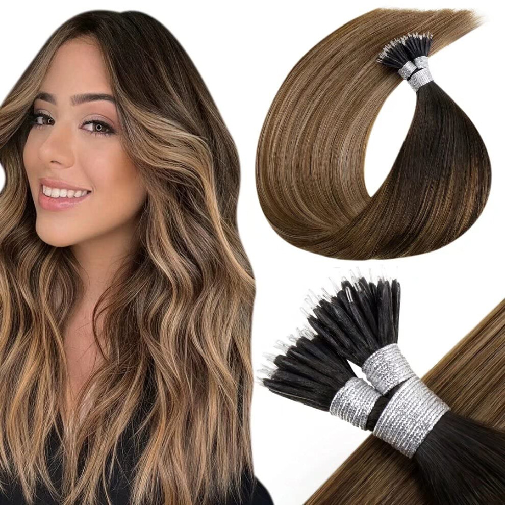 Unisex Brown Hair Extensions Ombre Human Hair Nano Bead 14 Inch Dark To Ash Blonde 50G