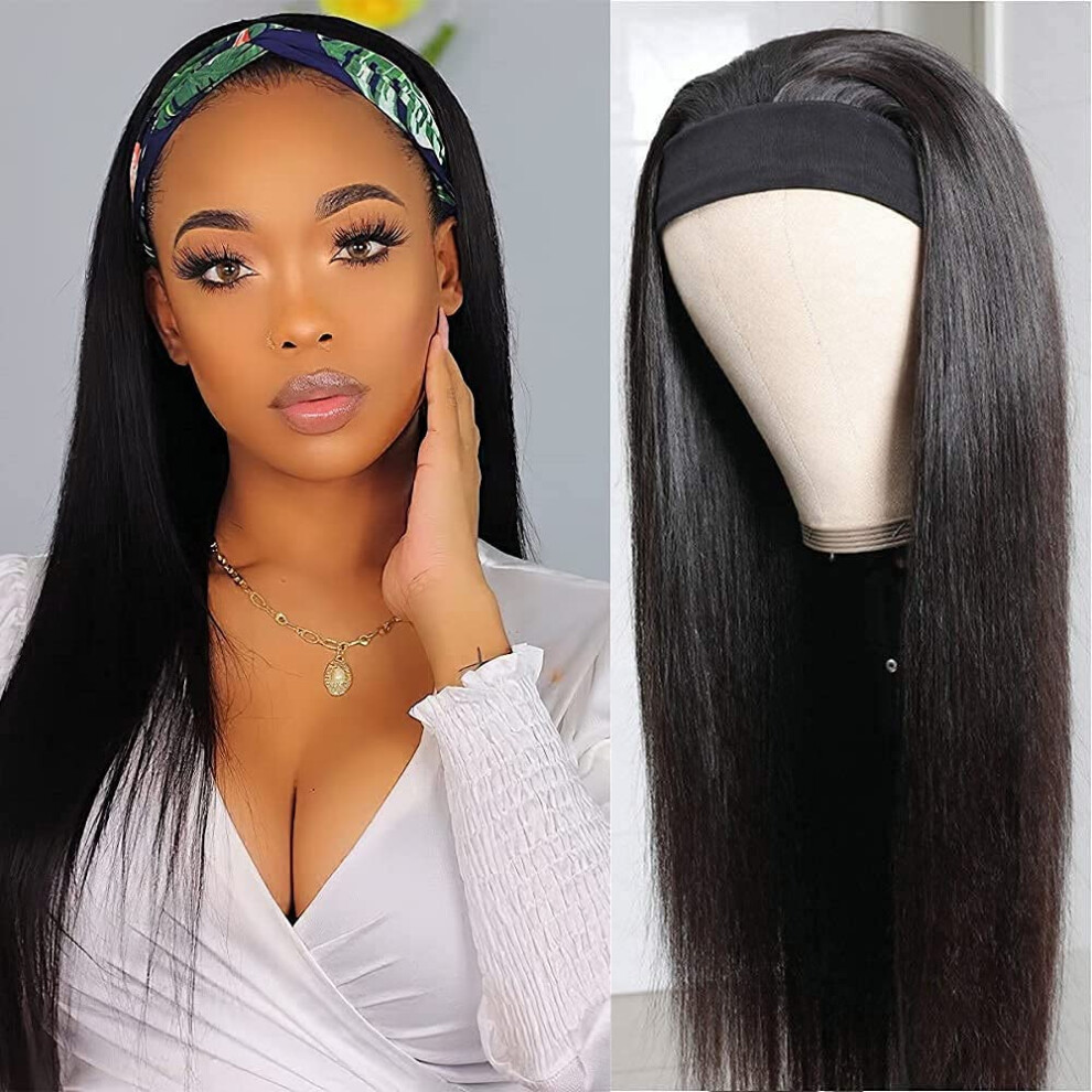 Unisex Black Headband Wig Human Hair 22 Inch Brazilian Virgin Straight Glueless Velcro For Women Natural