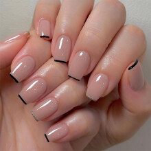 Medium Length Glossy Black French Tip Press On Nails Set with Glue, 24pcs Salon Quality False Nails