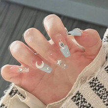 Long Coffin Blue French Tip Press On Nails with Moon Star Design, 24pcs Reusable Glitter Fake Nails