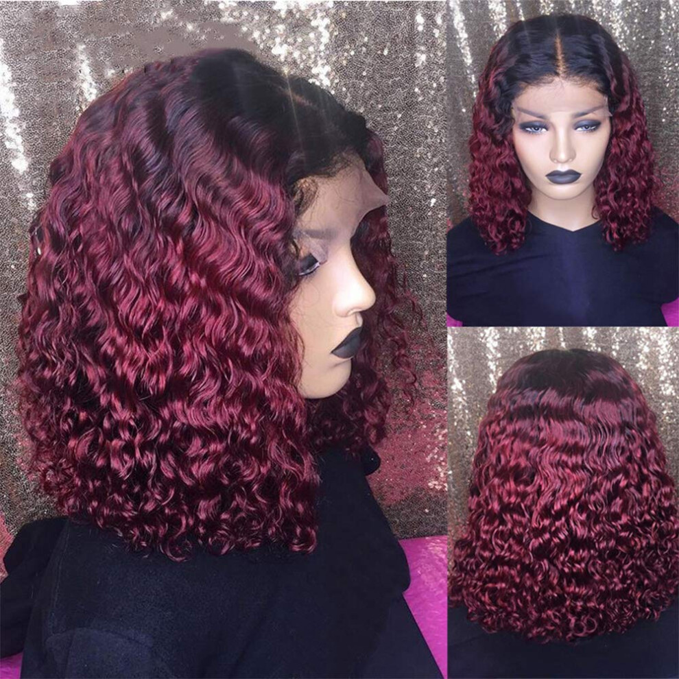 Unisex Red Curly Bob Wig Human Hair Lace Front 8 Inch Remy 1B/99J Burgundy Natural Hairline