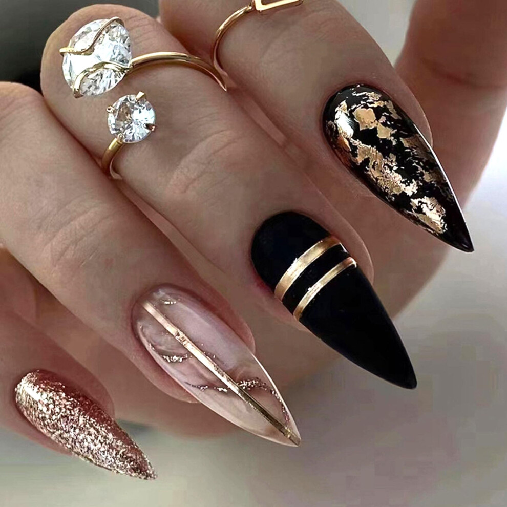 Gold Medium Almond Press On Nails With Line And Champagne Glitter, Reusable 24Piece Set