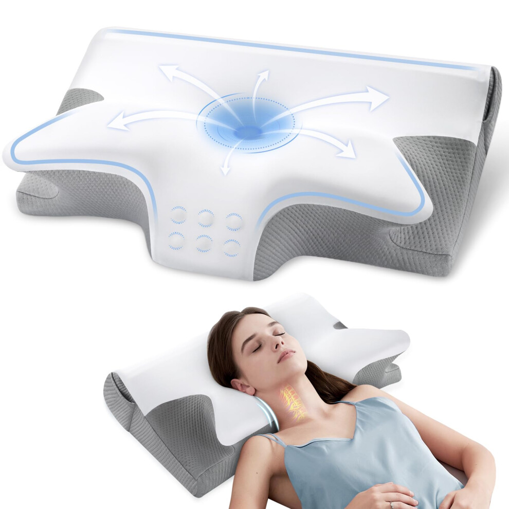 Memory Foam Pillow with Ergonomic Contour for Neck and Shoulder Pain, Cervical Support for Side and Back Sleepers, White and Gray