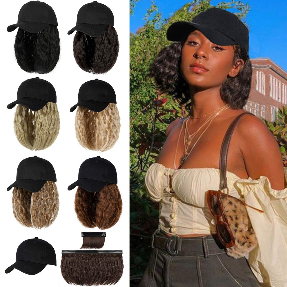 Baseball Cap Wig with 14 Inch Curly Bob Hair for Women, Detachable and Adjustable Fit, Dark Brown