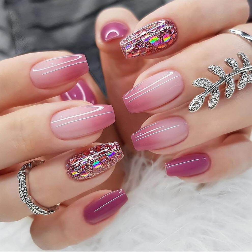 Purple Reusable Coffin Press On Nails Medium Gradient Fake Nails With Glitter Glossy Full Cover