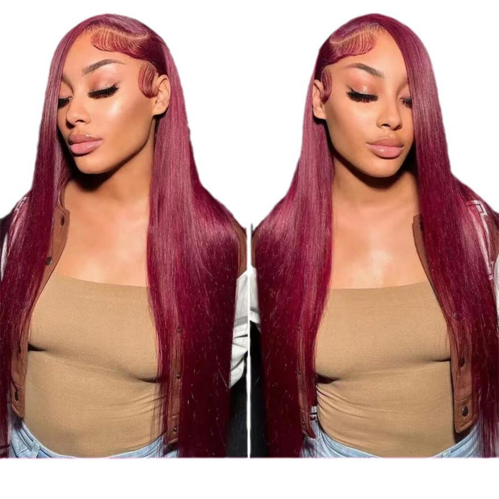 Unisex Red 28 Inch Burgundy Human Hair Lace Front Wig 13X4 Glueless Preplucked 180% Density Brazilian Straight