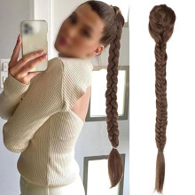 Long Braided Ponytail Hair Extension with PreBraided Design, HeatResistant Synthetic, 24in Brown