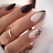 Medium Almond Press On Nails with Glue, French Tip Fake Nails White Glossy Black Leaf Design, 24pcs