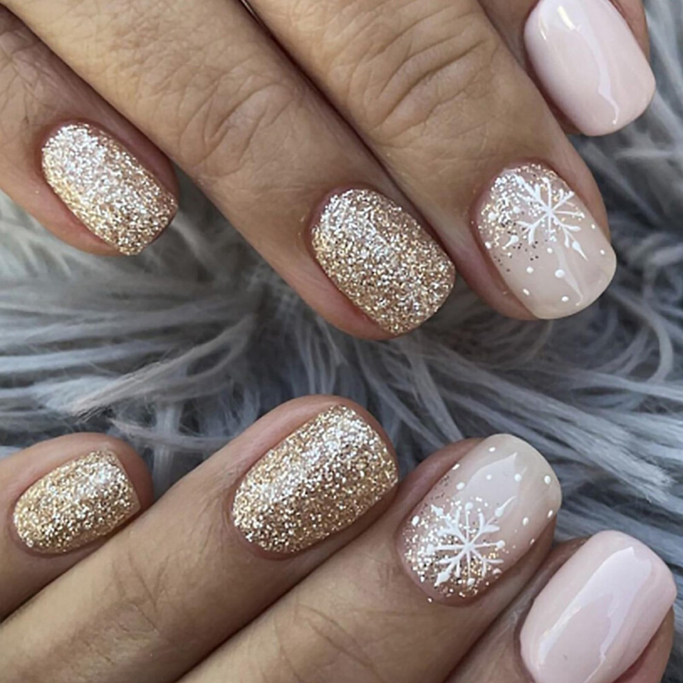 Gold Christmas Press On Nails Set With Snowflake And Glitter, Short Square Fake Nails For Women