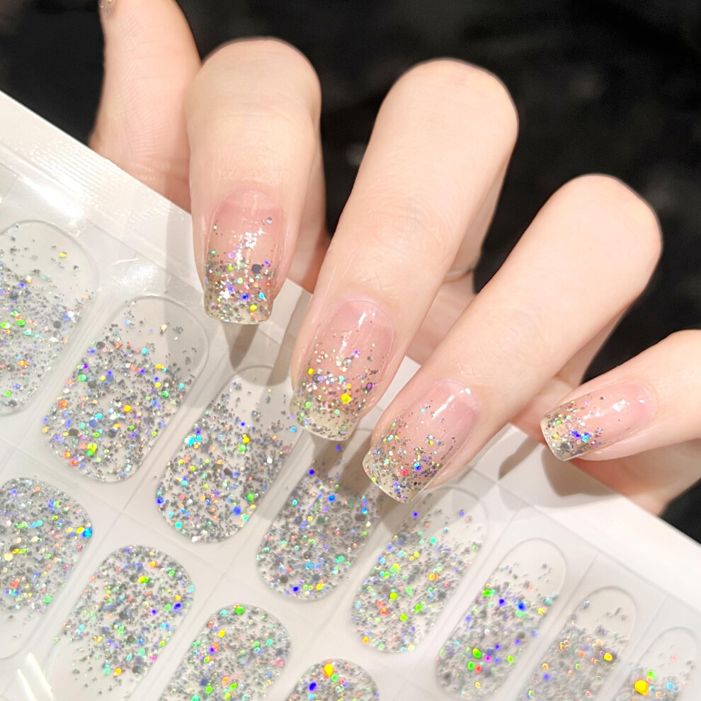 Semi Cured Gel Nail Strips with Glitter Sequins Transparent Full Coverage Nail Wraps for Women