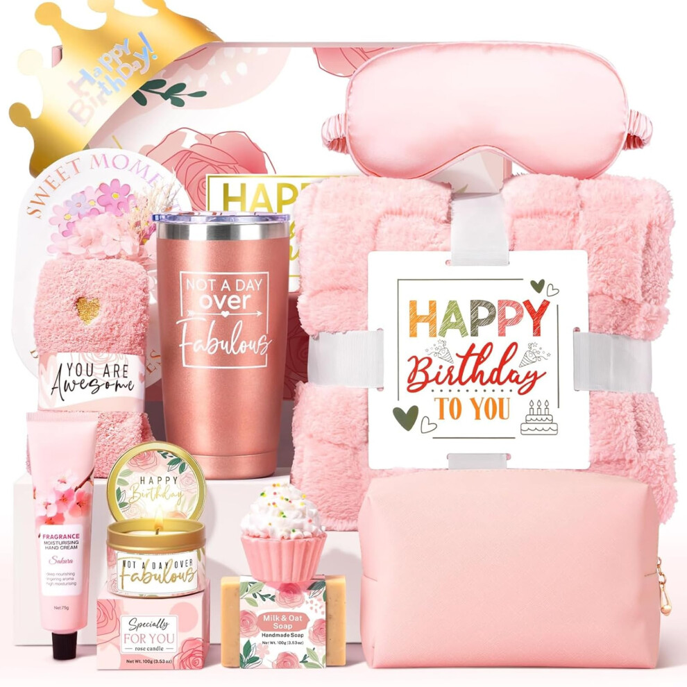 Pink Birthday Gift Basket For Women With Flannel Blanket, Luxury Spa Gift Set, Birthday Theme