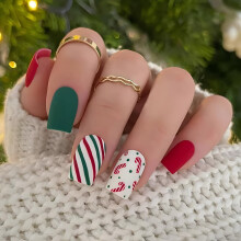 Christmas Press On Nails Red Green Stripes 24pcs Winter Square Holiday Fake Nails with Adhesive Kit