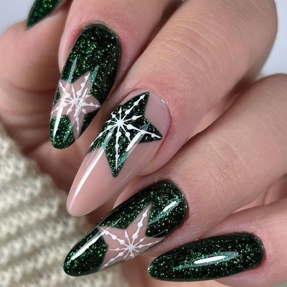 Green Christmas Almond Medium Press On Nails Glitter Snowflake Holiday Fake Nails 24Pcs