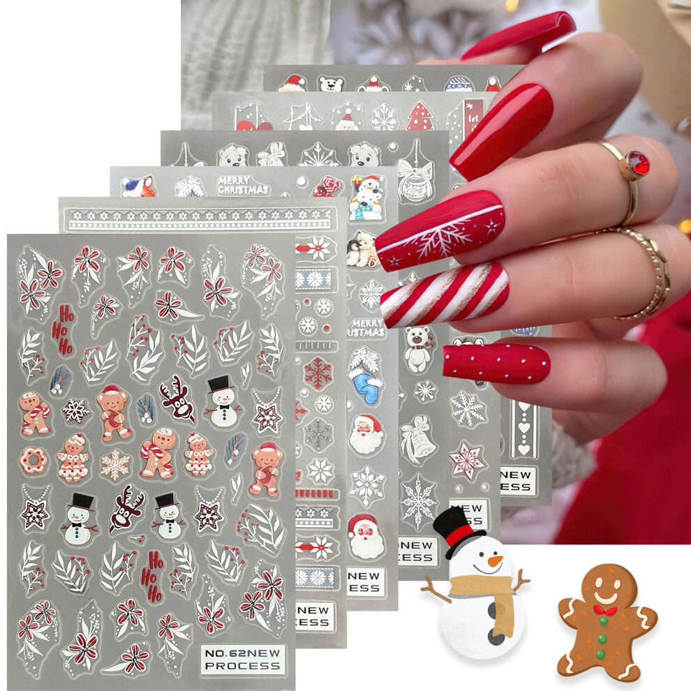 Christmas Nail Stickers Snowflake Santa Snowman 3D SelfAdhesive Holiday Nail Art Decals 6 Sheets