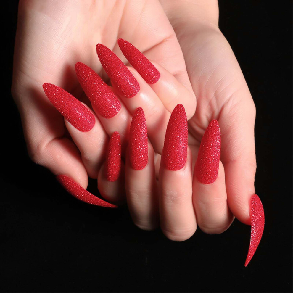 Red Long Stiletto Press On Nails With Glitter Finish, Easy Application 24Pcs Fake Nail Set