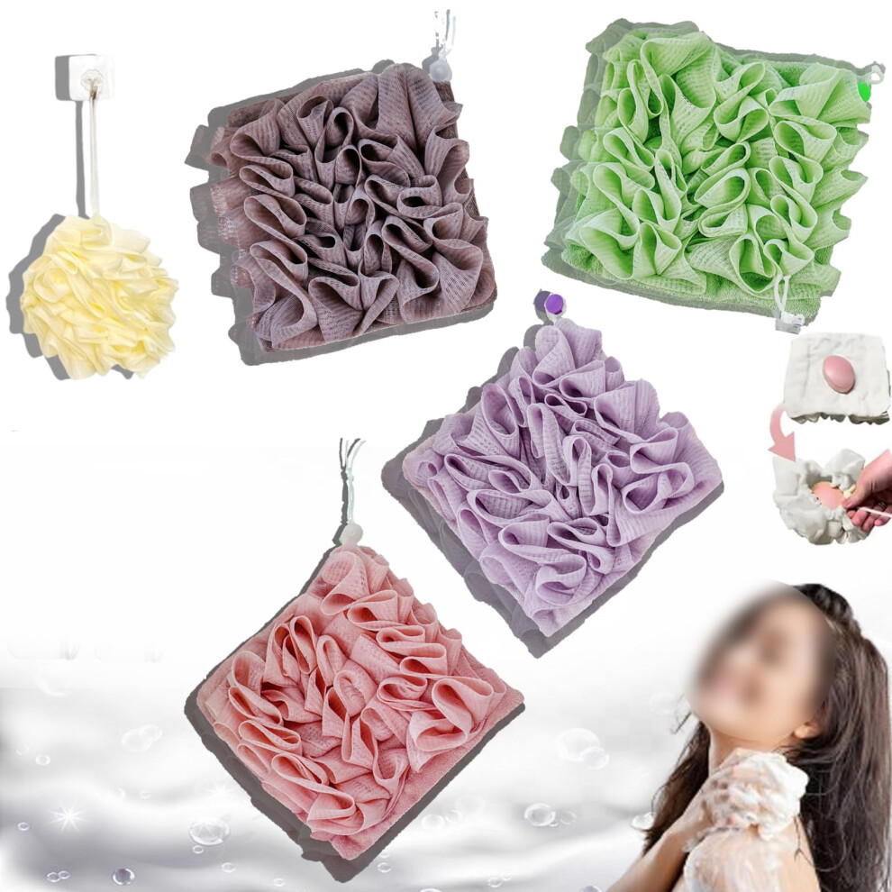 4PCS 2in1 Shower Loofah and Washcloth with Soap Holder Drawstring for Gentle Exfoliation