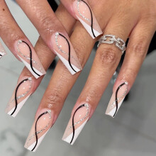 White Coffin Press On Nails with Rhinestones Glitter, French Tip Acrylic Fake Nails, 24pcs