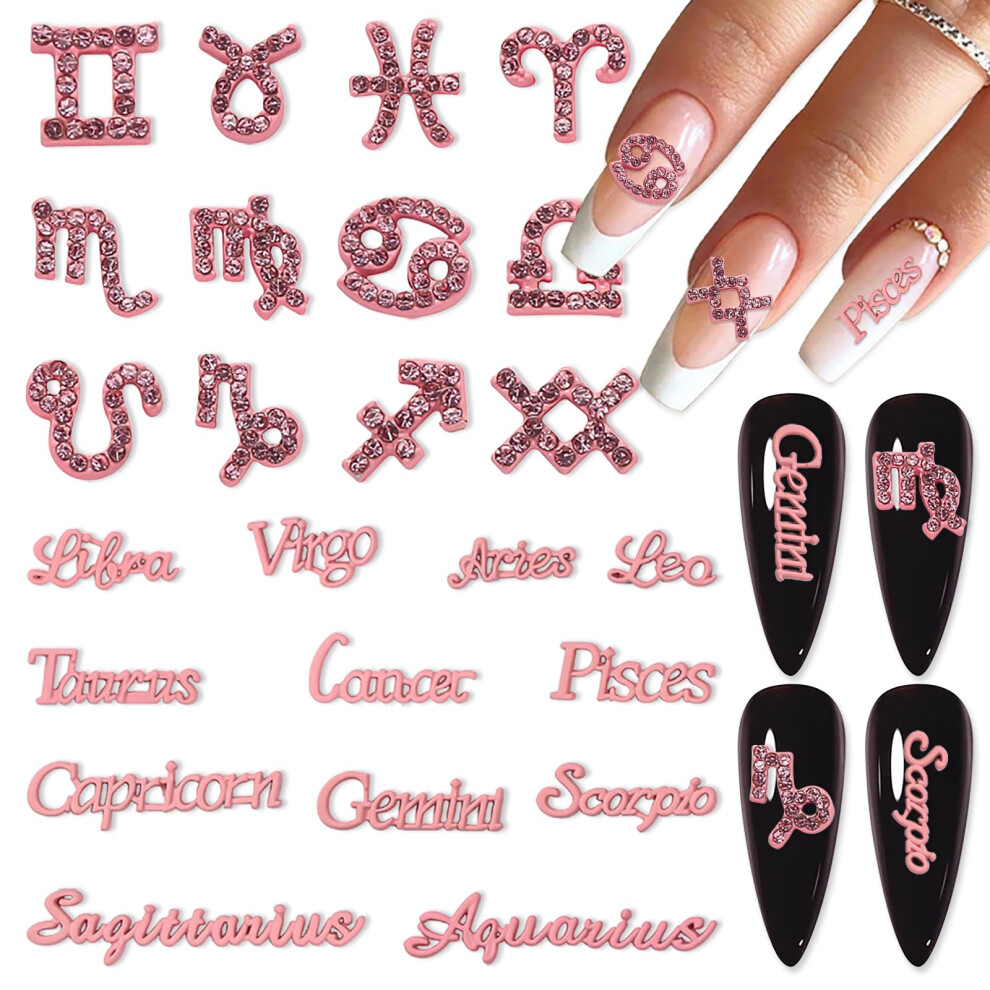 Pink Zodiac Nail Charms Set 24pcs 3D Nail Art Decorations Reusable Alloy Constellation Accessories