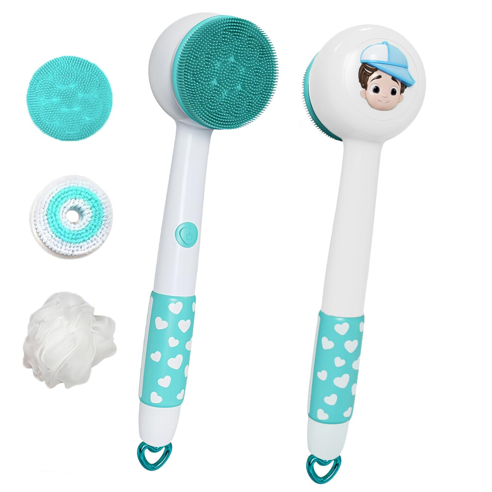 Electric Back Scrubber with Long Handle, 3in1 Rechargeable Body Brush for Shower, Dual Speed (Blue and White)