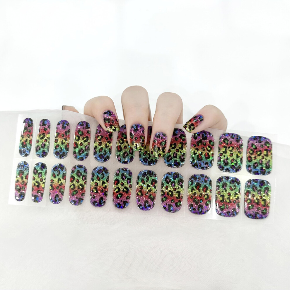 Semi Cured Gel Nail Strips Holographic Leopard 22pcs UV LED Compatible for Home Manicure