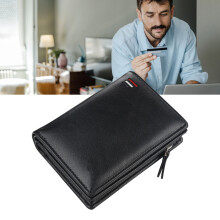Multi Card Wallet for Men Black PU Leather, Glossy Zip, Daily Use