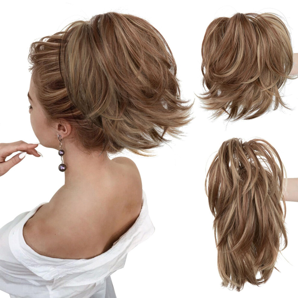 Unisex Brown Ponytail Hair Extension With Claw Clip, 8In Ombre Blonde Volumizing Synthetic Hairpiece
