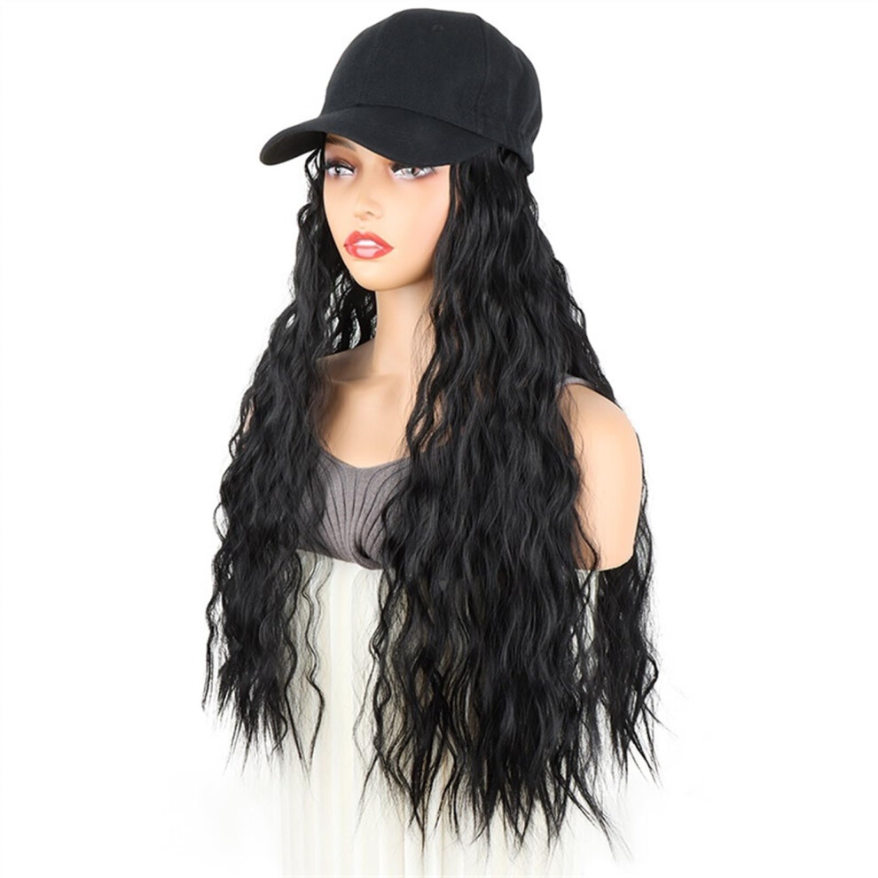 Unisex Black Baseball Cap Wig 24 Inch Synthetic Long Kinky Curly Hair Hat Adjustable Fit For Women