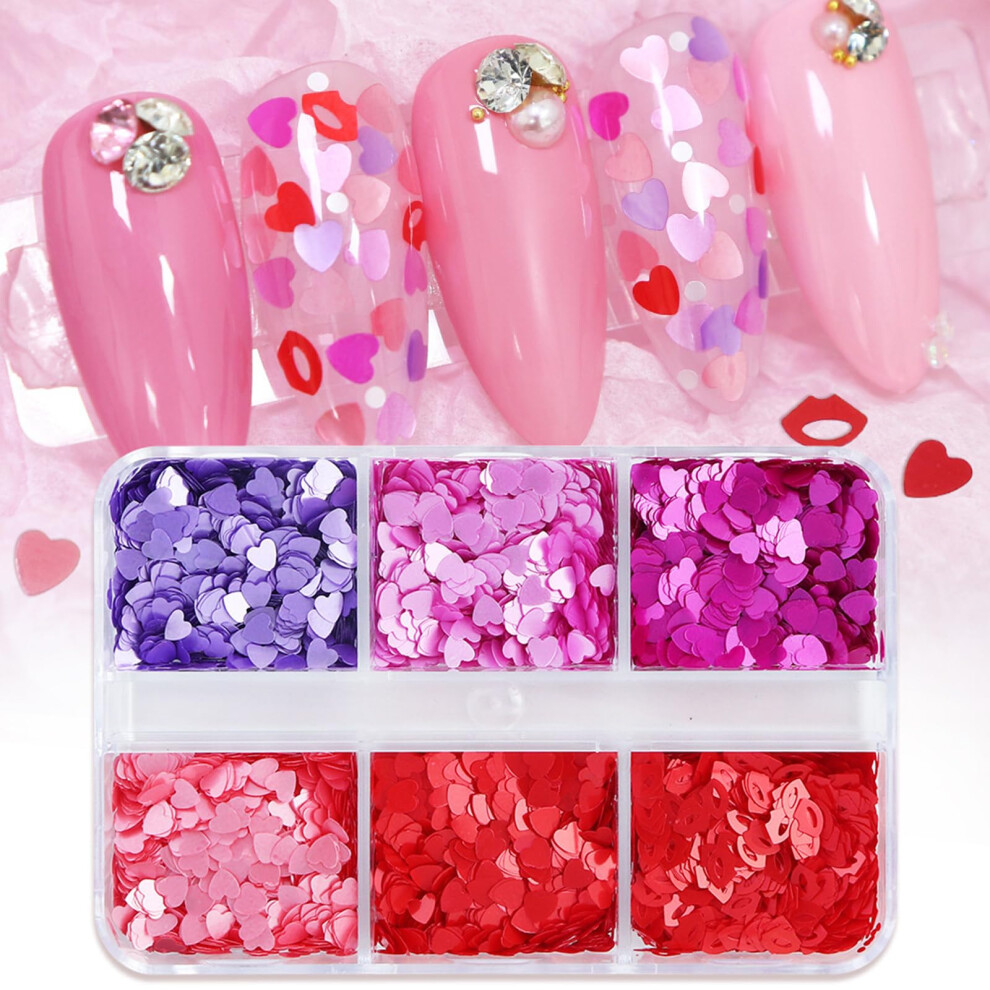 Holographic Heart and Lip Nail Art Glitter Sequins 6Grid Iridescent Valentines Acrylic Decorations