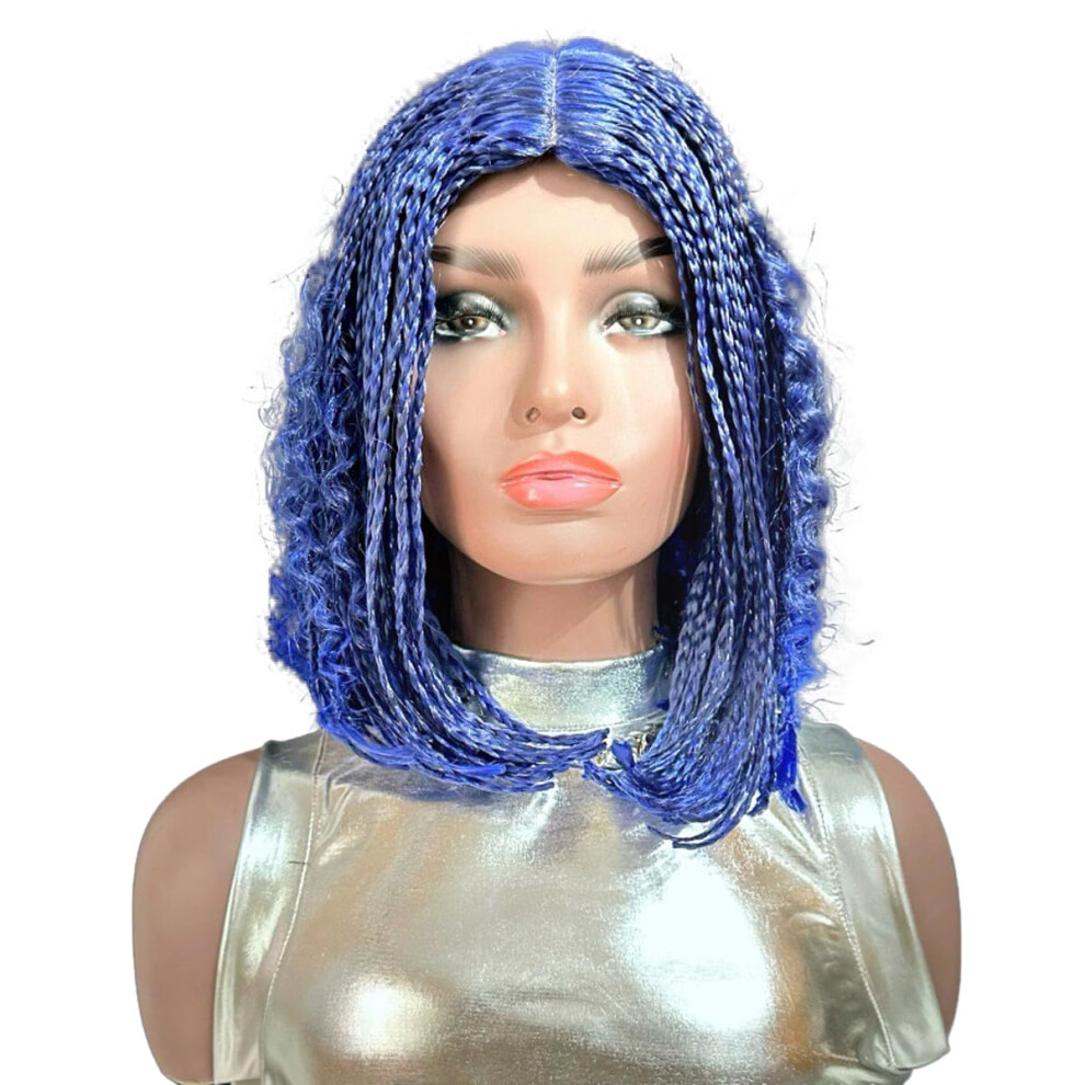 Unisex Blue,Black 12 Inch Box Braid Bob Wig Synthetic Hair For Black Women, Curly Goddess Braids, T1b Blue