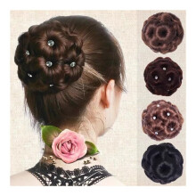 Brown Black Hair Bun Extension with Nine Flowers Bridal Cheongsam Style Elegant Hairpiece