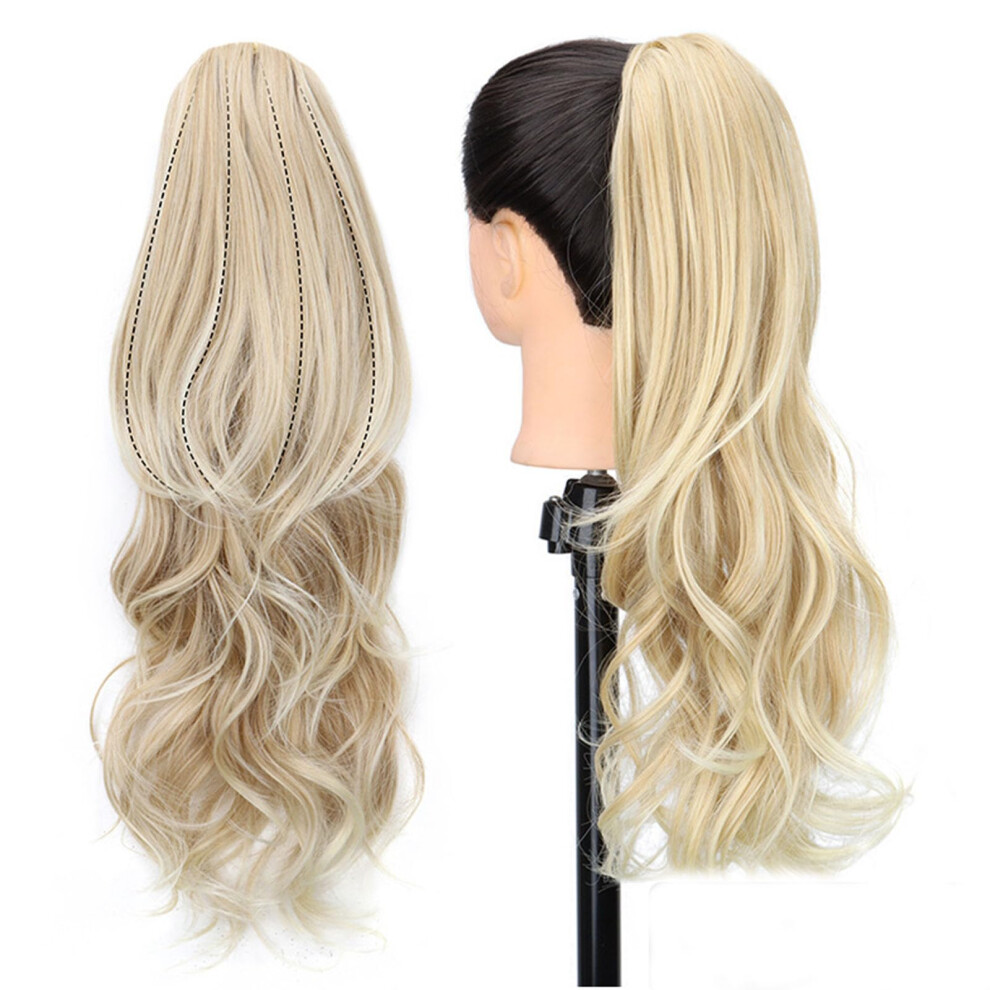 Unisex Drawstring Ponytail Extension Long Curly Wavy Synthetic Hairpiece Ash Blonde Natural Volume 22 Inch