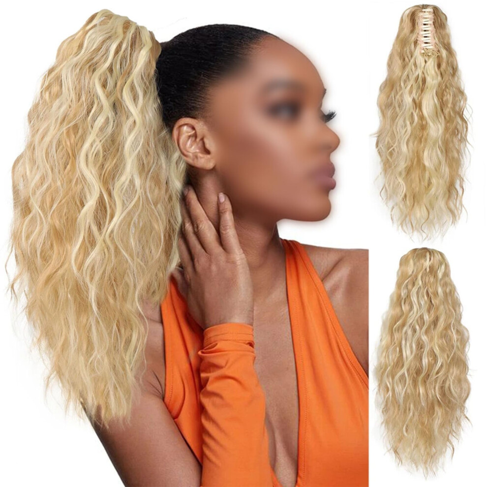 Unisex Ponytail Hair Extension Long Wavy Ombre Blonde Clip In With Secure Claw Clip For Instant Volume