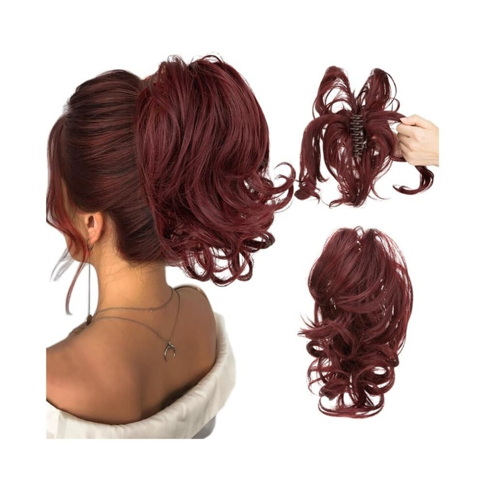 Unisex Red Curly Hair Bun For Women, Adjustable Clip In Ponytail Extension With Voluminous Curls
