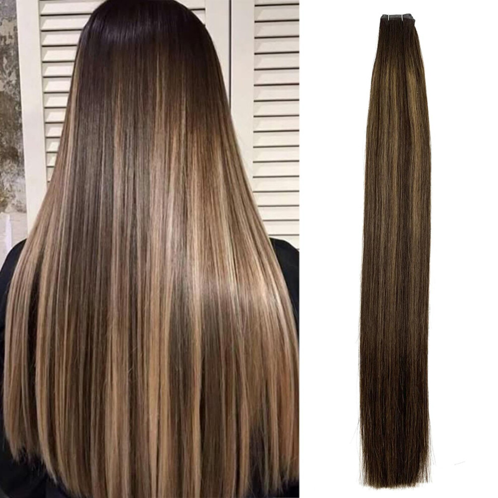 Unisex Brown 20 Inch Balayage Human Hair Extensions Dark To Middle Invisible Weft Remy Seamless Blend